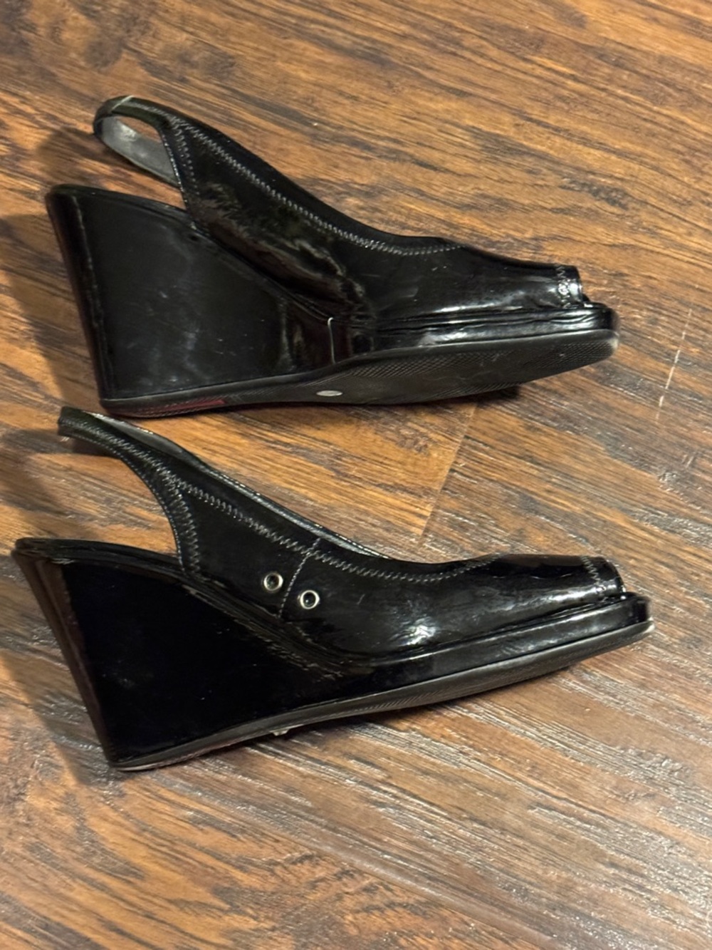 Prada Black Patent Slingback Peep-Toe Wedge Pumps - Picture 15 of 15
